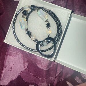 Hematite Black and White Beaded Heart Necklace